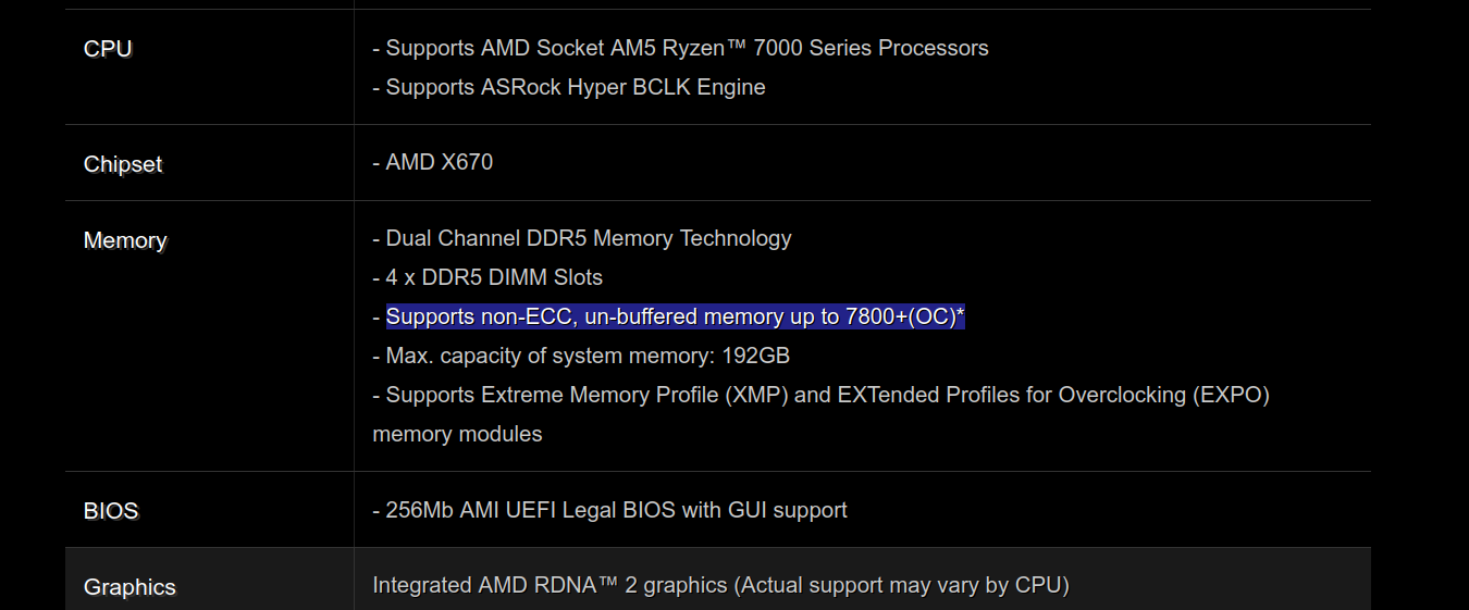 Screenshot of X670E Taichi specification page, without support for ECC memory