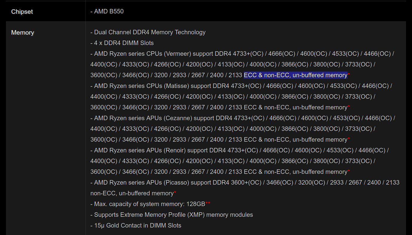 Screenshot of B550 Steel Legend specification page, showing support for ECC & non-ECC, unbuffered memory