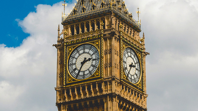 Photo of the clock on the Great Clock of Westminster, also known as Big Ben.