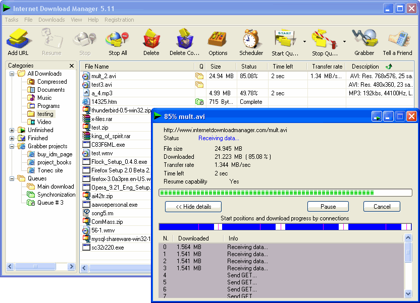 Screenshot of a download manager on Windows XP. There are two windows visible, one in the background and one in the foreground. The background window is titled "Internet Download Manager 5.11" and has a list of partially and completely downloaded files in it. The foreground window says "85% mult.avi" and shows a download in progress.