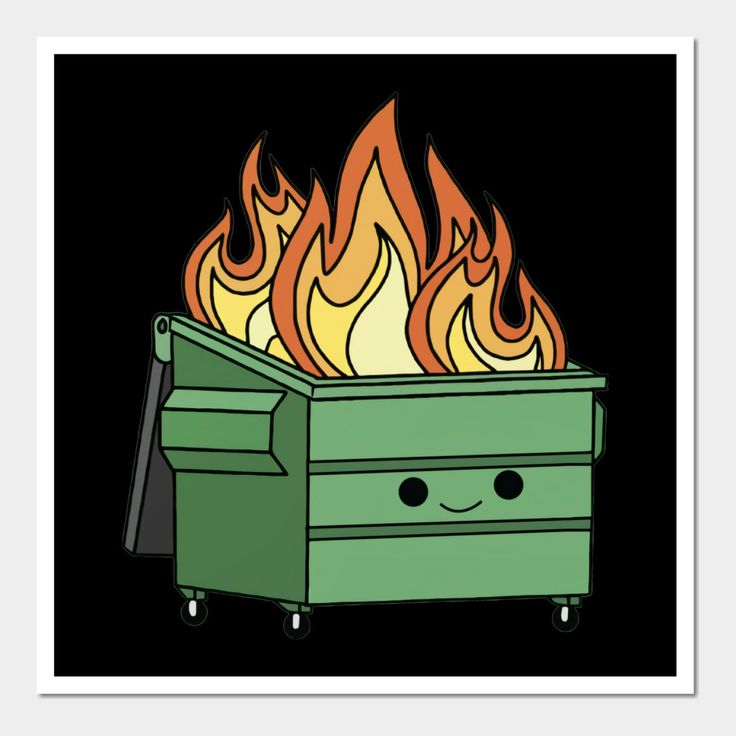 A cute cartoon depiction of a dumpster fire with a smiley face.