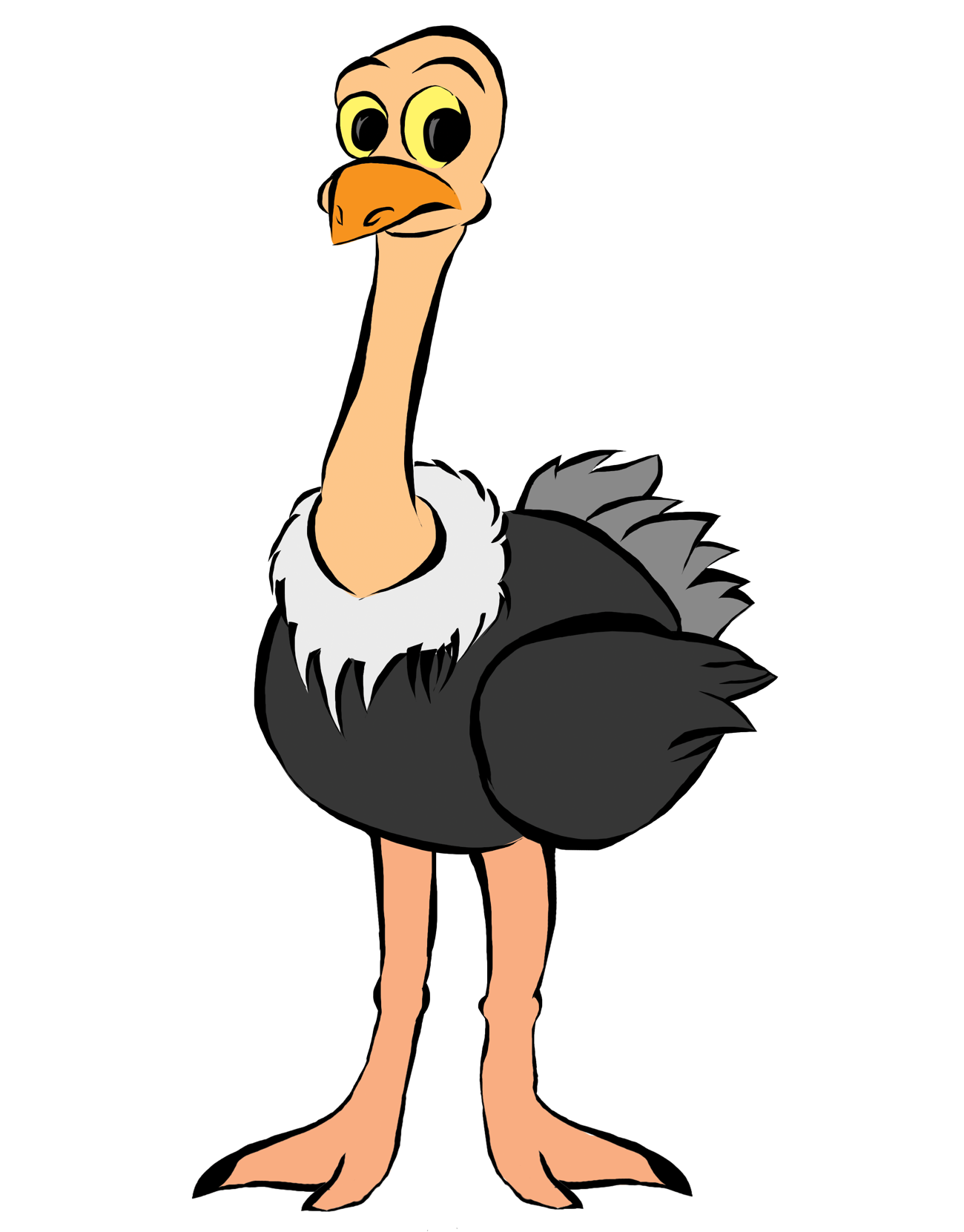 A cartoon ostrich with a light orange head, yellow eyes, orange beak and feet, and a coat of black and a couple shades of grey.